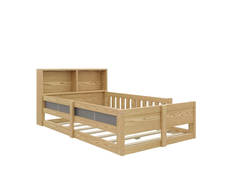  Lit enfant bas 90x200 cm avec barrières, led et côtés rembourrés, naturel, moderne  - Conforama D
