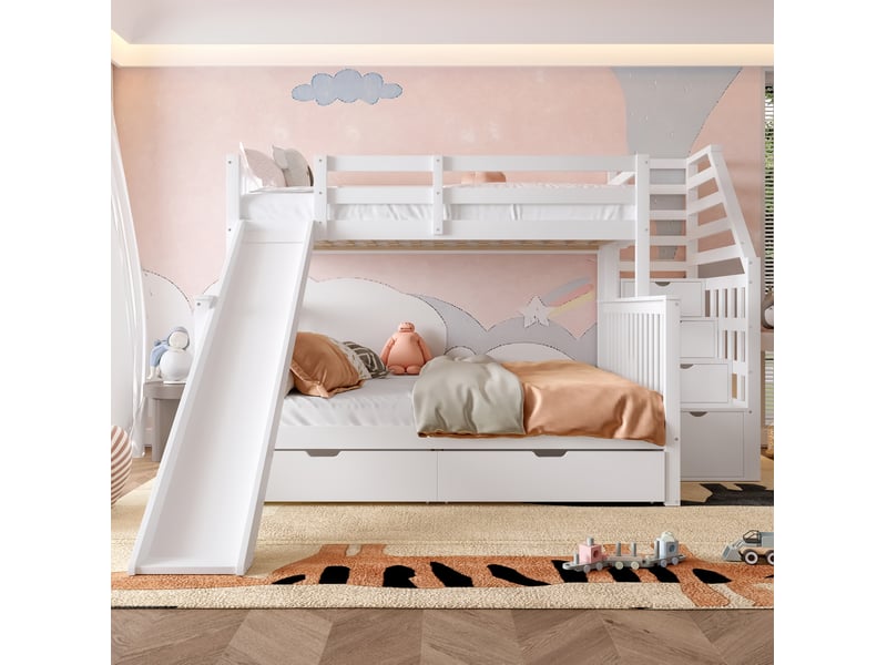 Lit superposé enfant 90x200 et 140x200 cm avec toboggan, rangements, blanc - Conforama E