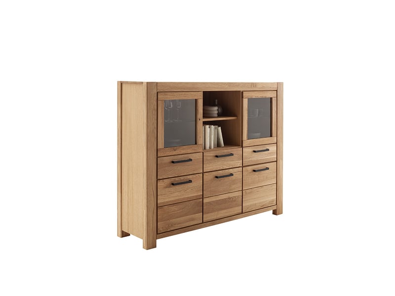  Buffet vitrine 3 portes 3 tiroirs et 2 portes vitrés, coloris chêne naturel - longueur 172 × profondeur 45 × hauteur 140 cm  - Conforama E