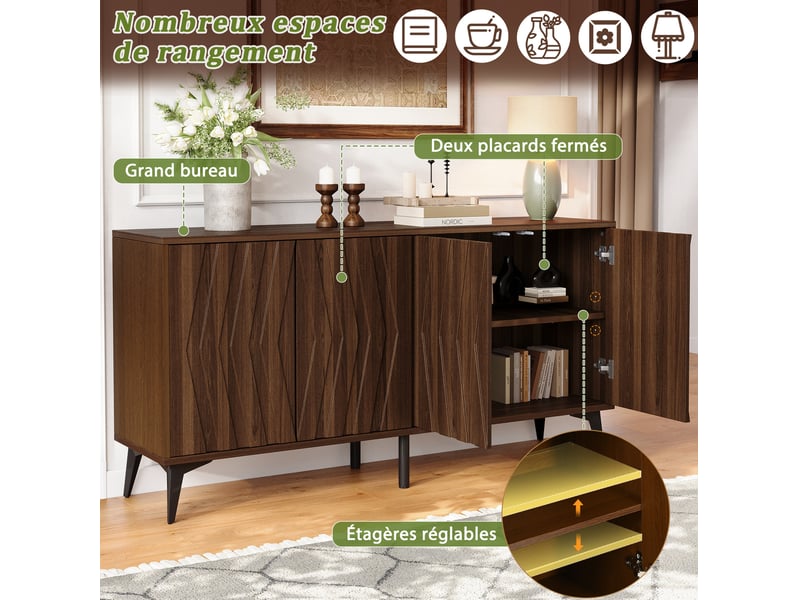 Buffet bas 140 x 35 x 70 cm, 4 portes battantes, 2 tablettes réglables, en mdf et panneau de particules, bois noyer - Conforama E