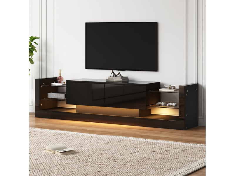  Meuble tv noir brillant avec éclairage led et façade en verre 181 x 38 x 38 cm  - Conforama B