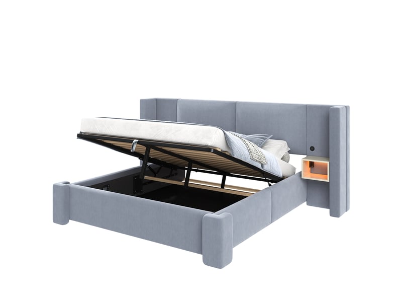  Lit coffre 180 × 200 cm 2 places avec led, rangements et tête de lit rembourrée, sans matelas, en lin gris  - Conforama A