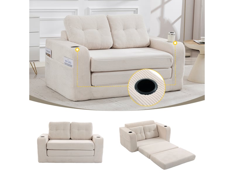 Canapé modulaire 2 places avec porte-gobelets et poches latérales sans cadre en velours côtelé beige 136 × 80 × 82,5 cm - Conforama C