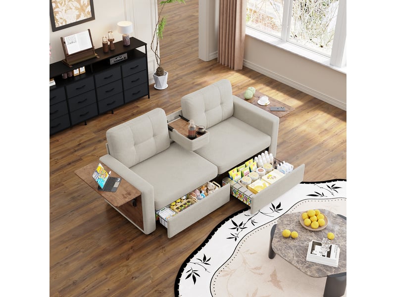  Canapé 2 places 178 x 71 x 57,5 cm, assise réglable, 2 rangements, tablette rabattable pour ordinateur, porte-gobelets, chenille, beige OMNIGLINT TRADING LTD - Conforama E