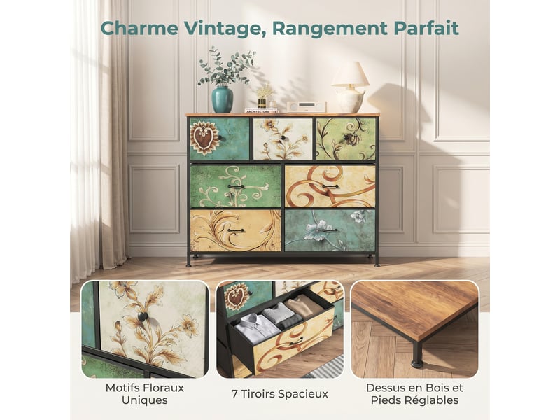  Commode 7 tiroirs, commode de rangement, tissu floral,structure en métal,pour salon, chambre, style bohème,100 x 30 x 78 cm  - Conforama D