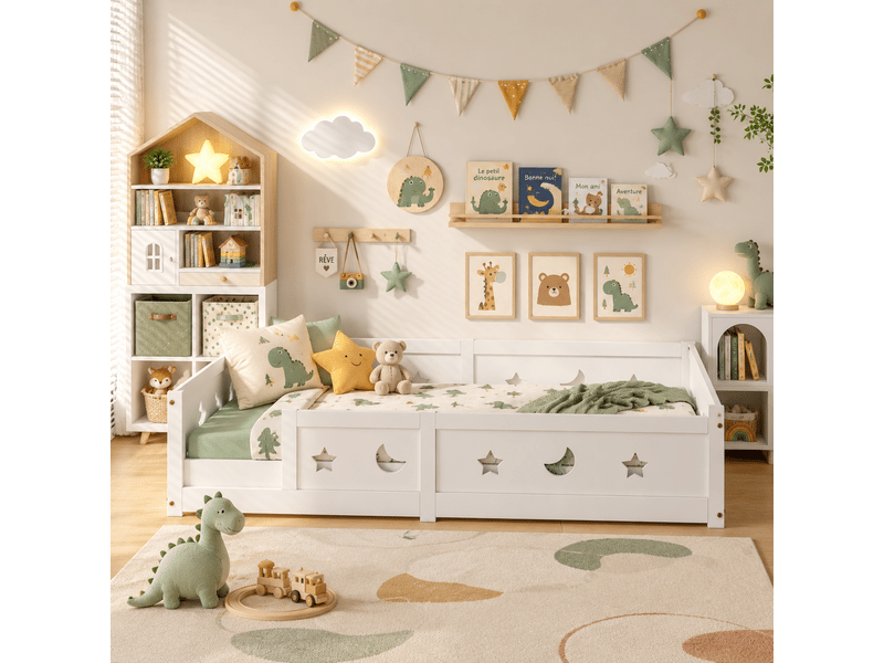 Lit enfant 90x200 cm, lit montessori au sol, cadre de lit bois avec barrières de sécurité, lit bébé avec sommier à lattes pour enfant, blanc - Conforama D