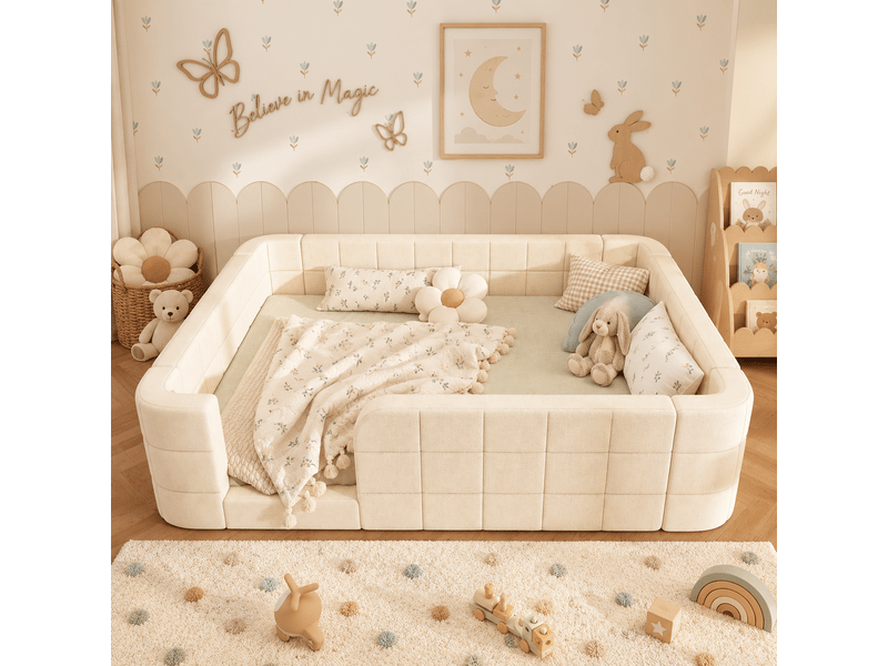  Lit enfant bas 140x200 cm, en tissu chenille rembourré, avec contour rembourré et entrée, avec sommier à lattes inclus, matelas non inclus, beige Luxe haut de gamme - Conforama W