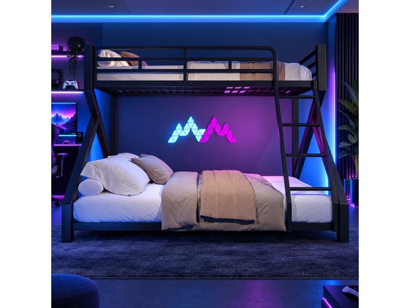  Lit superposé enfant 90x200140x200 cm en métal, avec led, échelle, barrières de sécurité, sans matelas, noir  - Conforama E