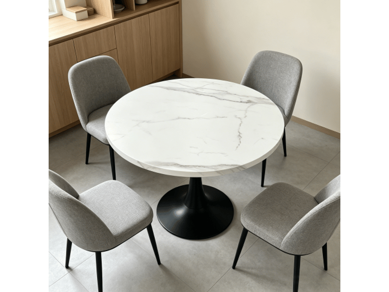  Table ronde moderne 80 cm - 2-4 pers, marbre blanc effet bois, piédestal noir - cuisinesalle à mangerbureau  - Conforama B