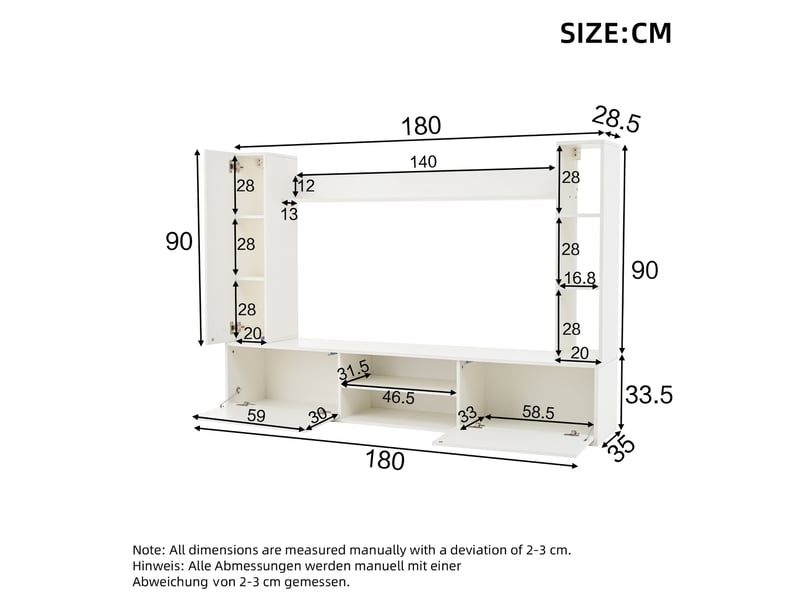  Meuble tv blanc 180x35x33,5 cm avec vitrines – ensemble 4 pièces, étagères murales – écran jusqu’à 80 pouces  - Conforama C