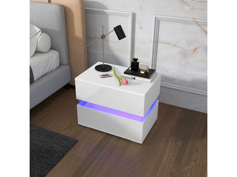  Table de chevet avec éclairage led rgb intégré, 2 tiroirs, 4 modes d'éclairage et 16 couleurs, en aggloméré, 60 x 39 x 47 cm, blanche  - Conforama D