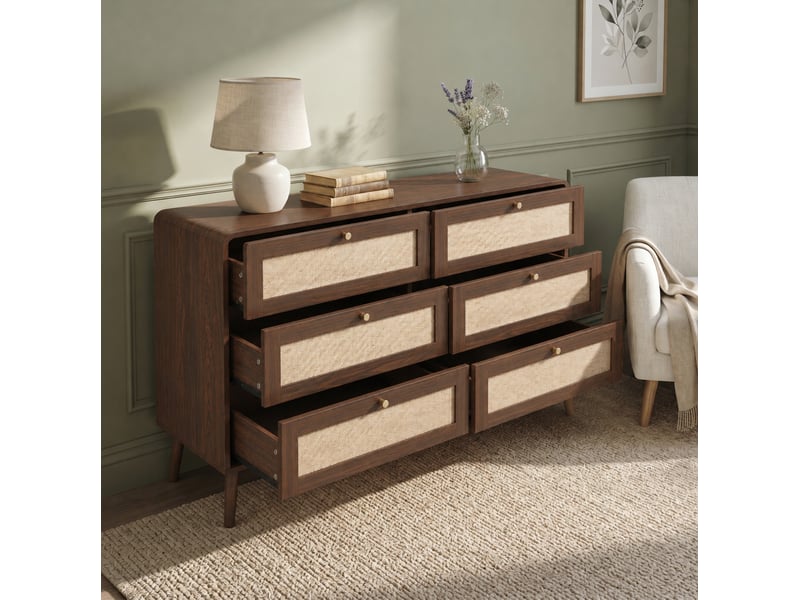  Commode 6 tiroirs façades effet rotin, coins arrondis et pieds hauts pour chambre en mdf noyer 120 × 40 × 80 cm  - Conforama B