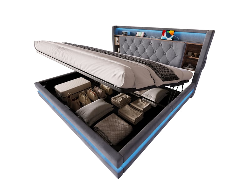 Lit coffre 180 × 200 cm 2 places avec led, usb, type-c, étagères et rangement, sans matelas, en velours gris foncé - Conforama A