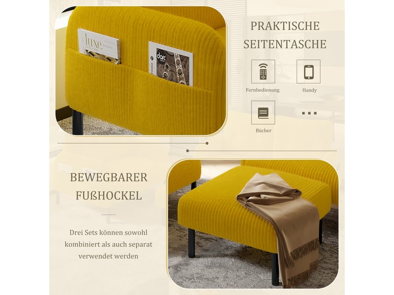  Canapé 2 places en velours côtelé jaune moutarde avec fauteuil et pouf, ensemble 3 pièces modulable  - Conforama R