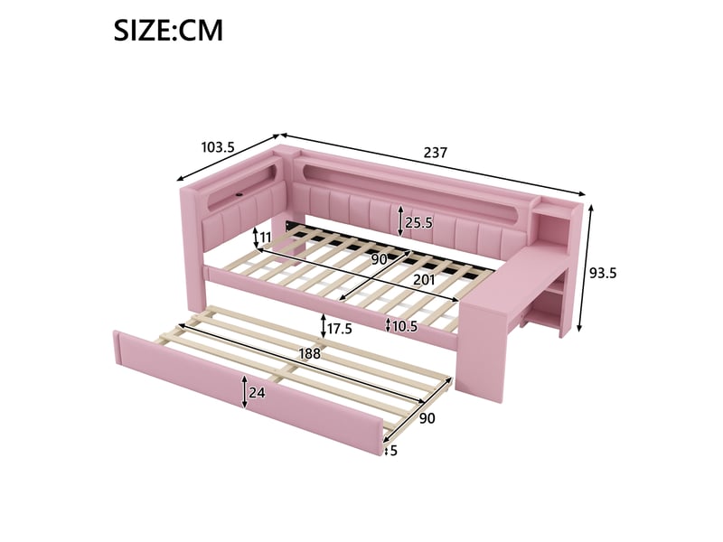 Lit de jour 90x200 cm rose avec lit gigogne, bureau, usb et éclairage led 7 couleurs - Conforama C