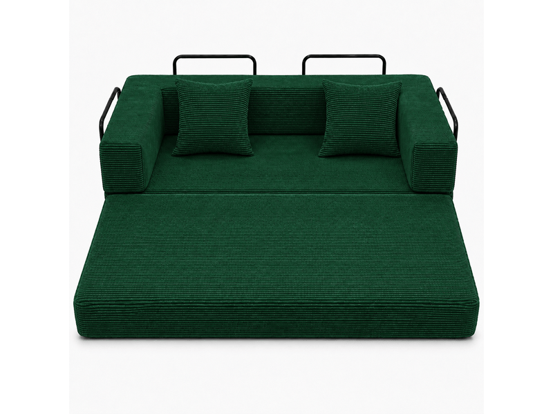 Canapé de sol corda, vert foncé, convertible en lit, coussins, accoudoirs, tissu velours côtelé - Conforama A