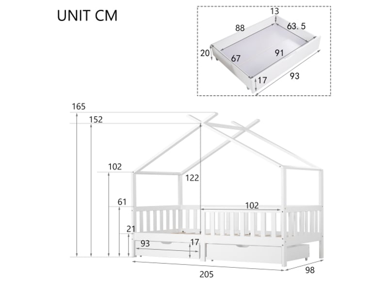  Lit cabane 90x200 cm, lit enfant avec 2 tiroirs et barriéres de sécurité, en bois, blanc, sans matelas  - Conforama D