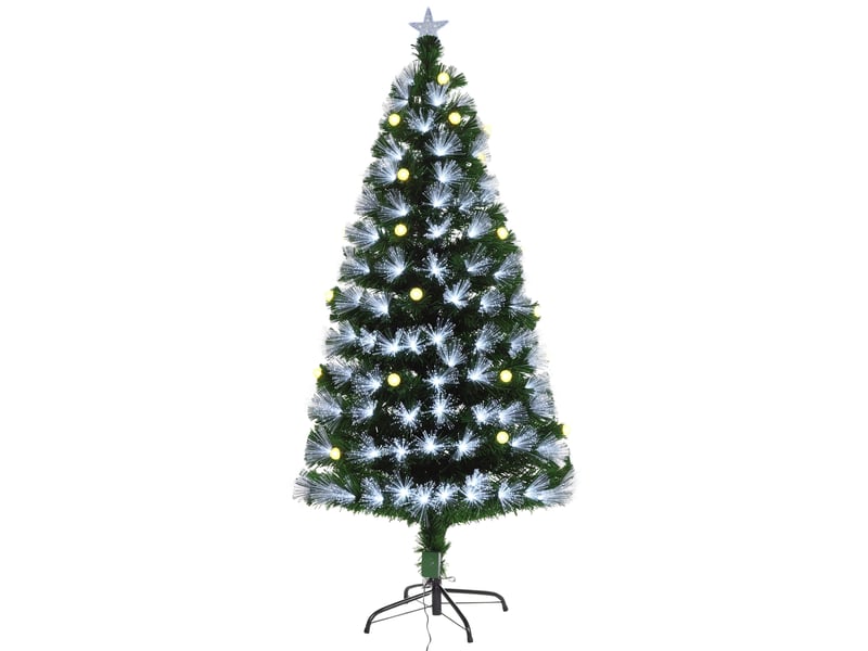  Sapin de noël artificiel lumineux 120h cm fibre optique led + 20 ampoules + support pied 130 branches étoile sommet brillante vert  - Conforama B