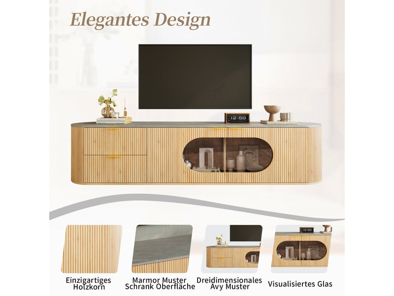  Meuble tv avec tiroirs, portes et vitrine ovale en verre gris pour salon, en mdf, 172×38×45,5 cm, naturel  - Conforama E