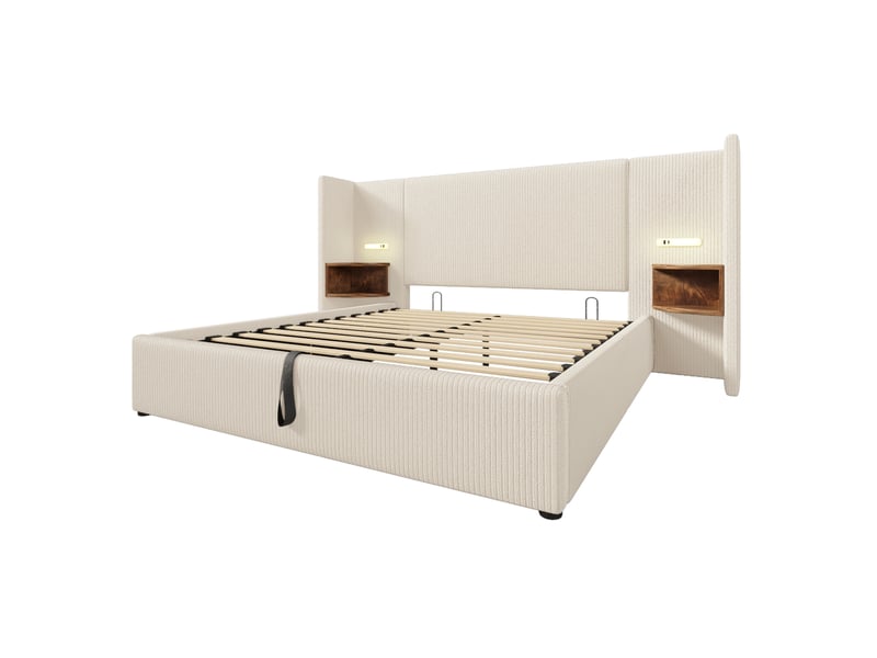 Lit coffre double 160x200 cm avec sommier, tête de lit étagère, liseuse led et ports usb, velours côtelé, beige et blanc  - Conforama R