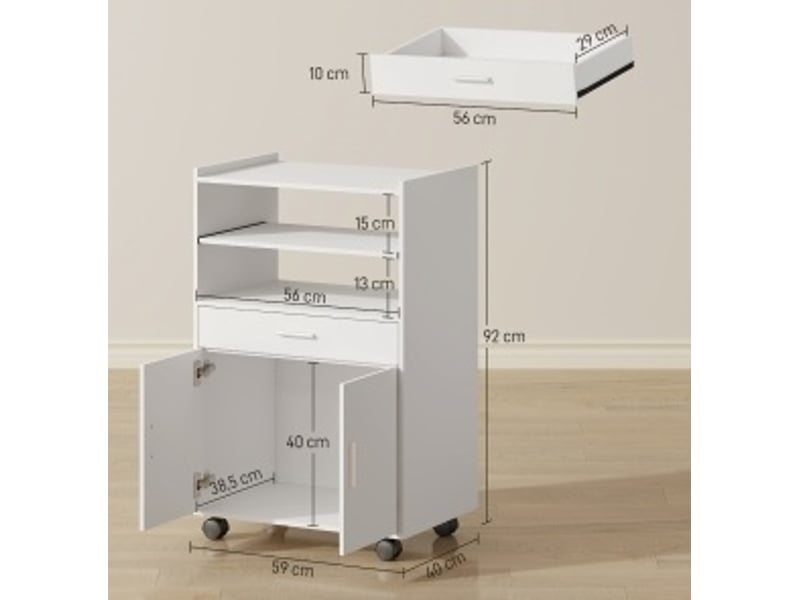  Meuble micro-ondes 59 cm – blanc – rangements multiples avec roulettes et double porte  - Conforama C