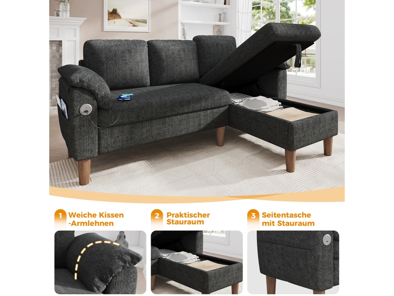  Canapé d'angle, canapé 3 places, en tissu chenille, gris, poches latérales, usb, version droite, version gauche  - Conforama W