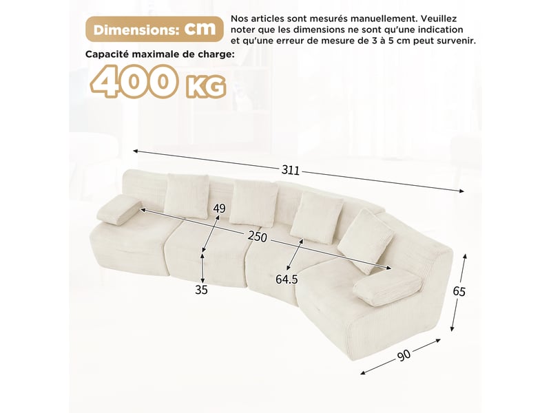  Canapé modulable, canapé 4 places, format compressé, en velours tricoté, pour intérieur, sans montage  - Conforama W