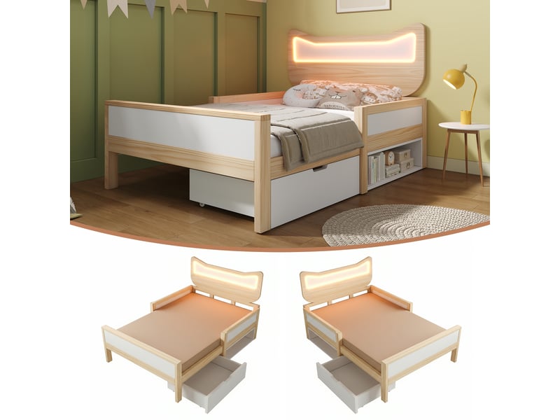 Lit enfant 90x190 avec tête de lit chat, éclairage led rgb, tiroir de rangement et sommier à lattes, blanc et chêne - Conforama W