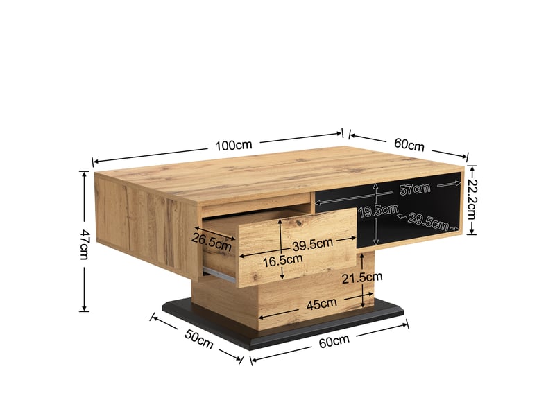  Table basse 100x60x47 cm avec tiroir sans poignée et rangements double face, panneaux de particules mélaminés, bois et anthracite ABC - Conforama C