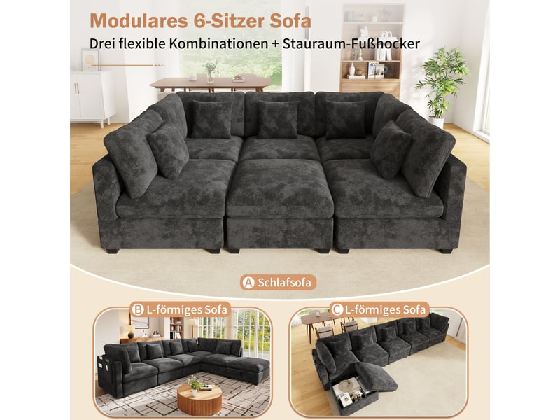  Canapé d'angle modulable 6 places - fonction lit ottoman coffre pochettes - tissu chenille - gris CozyNest - Conforama D