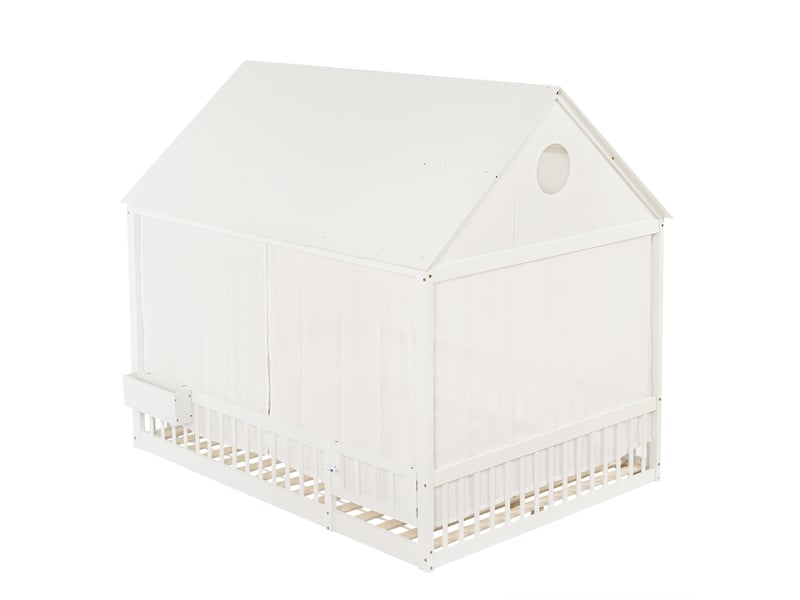 Lit cabane enfant 140x200 cm – blanc – rideaux décoratifs et rangement latéral ouvert – sans matelas - Conforama D