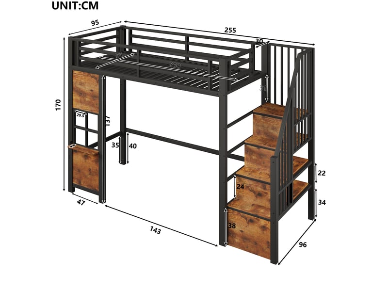  Lit mezzanine enfant 90 × 200 cm 1 place avec escalier de rangement et étagères, sans matelas, métal mdf noir  - Conforama D