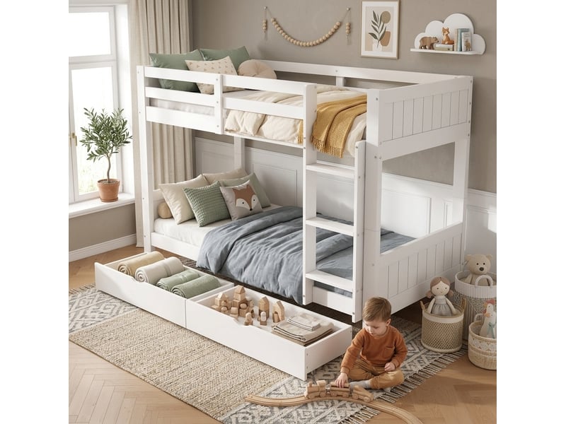  Lit superposé enfant 90x200 cm séparable avec 2 tiroirs coloris blanc  - Conforama D