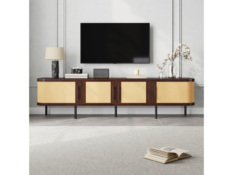  Meuble tv noyer 180x40x45cm rangement portes tressage brillant mdf salon rangement pratique confort et fonctionnalité moderne  - Conforama D