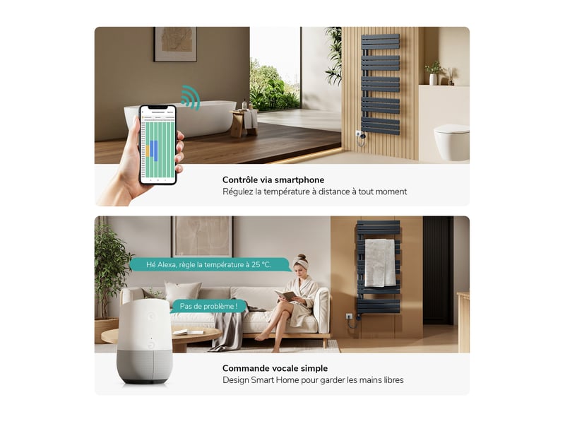  Emke radiateur sèche-serviettes électrique 762x500 mm, gris anthracite 400w, wifi, modes intelligents, ipx4  - Conforama C
