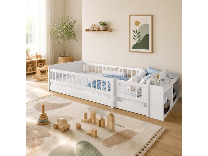  Lit enfant 90 x 200 cm en bois de pin et mdf blanc avec rangements ouverts  - Conforama C