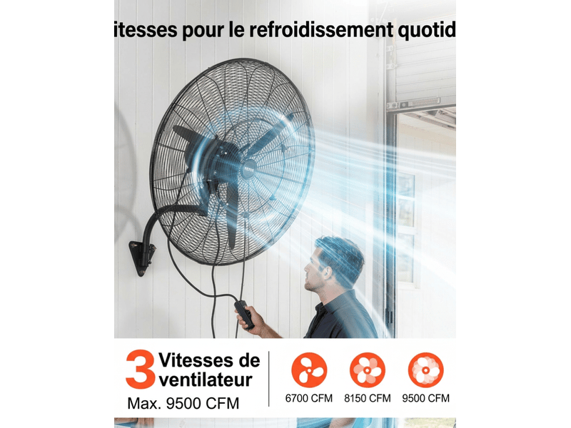  Ventilateur mural industriel 760mm brumatiseur 3 vitesses oscillant pour atelier garage  - Conforama D