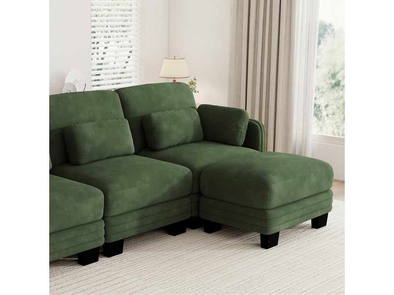  Canapé d’angle modulaire 4 places en chenille verte, avec pouf assorti, coussins lombaires et d’accoudoir, salon  - Conforama W