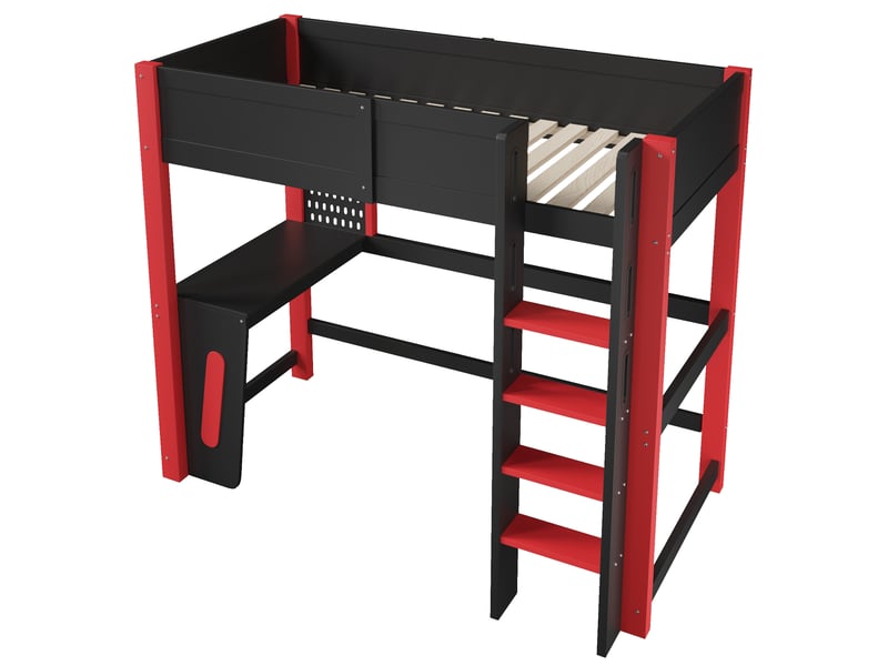  Lit mezzanine enfant 90x200 cm noir pin et mdf, bureau, panneau perforé et éclairage led  - Conforama D