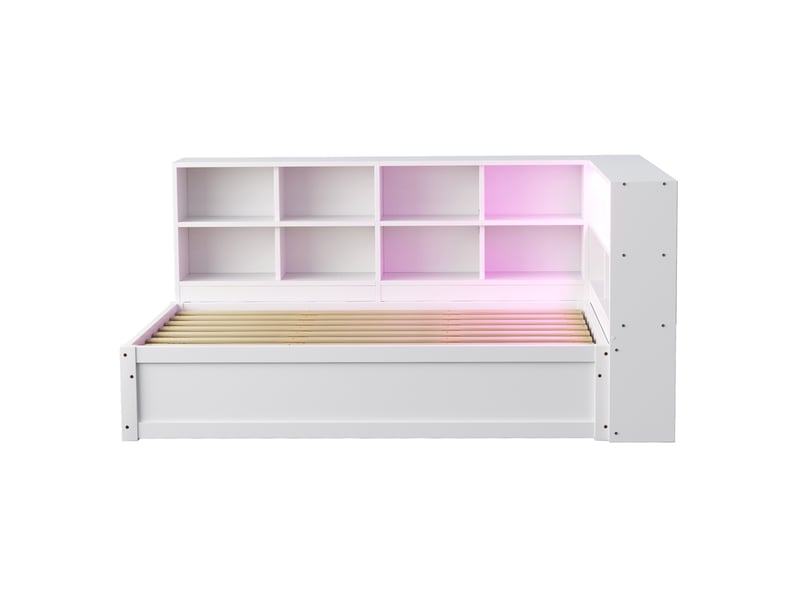  Lit banquette hydraulique avec rangements, bois massif blanc, 90x200 cm, led et prise intégrée  - Conforama A