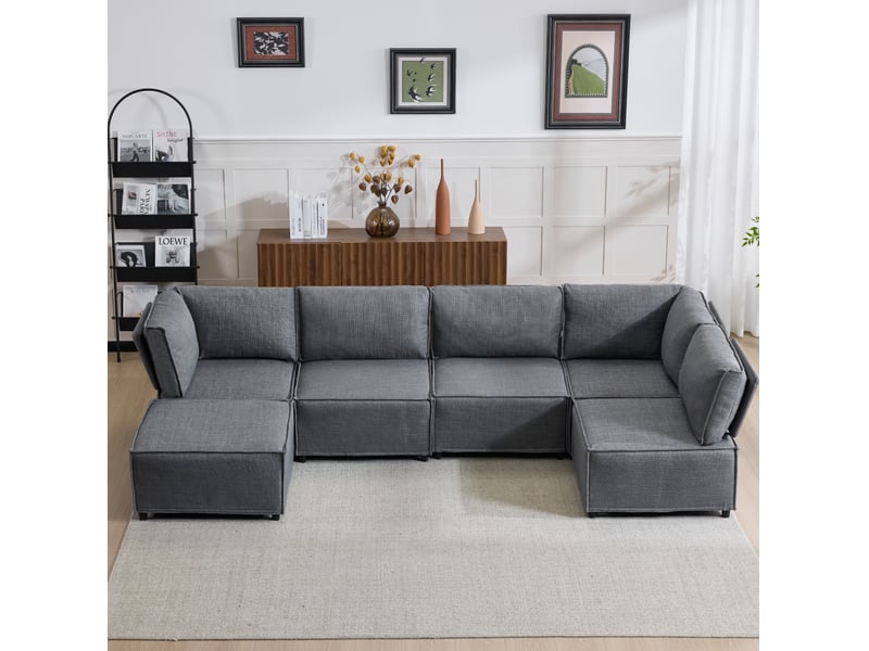  Canapé d'angle modulable modenvie 6 places convertible en couchage gris foncé 308 x 152 cm tissu en lin  - Conforama D
