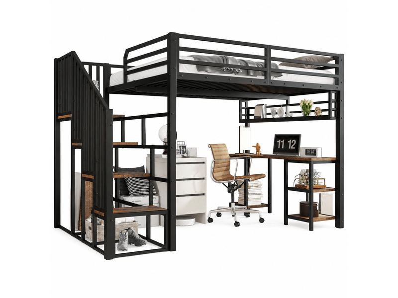  Lit mezzanine enfant 120 x 200 cm avec bureau intégré, escalier à mains courantes, étagère de rangement, métal noir et effet bois foncé  - Conforama A
