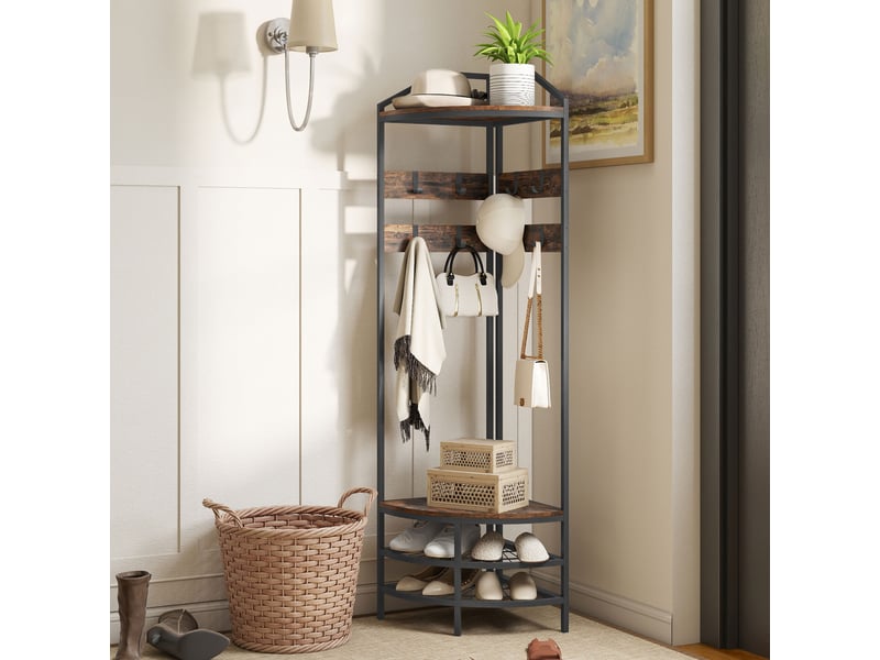 Meuble d'entrée d'angle, vestiaire à 4 niveaux, rangement pour chaussures, 8 patères mobiles, 2 étagères, brun rustique - Conforama D