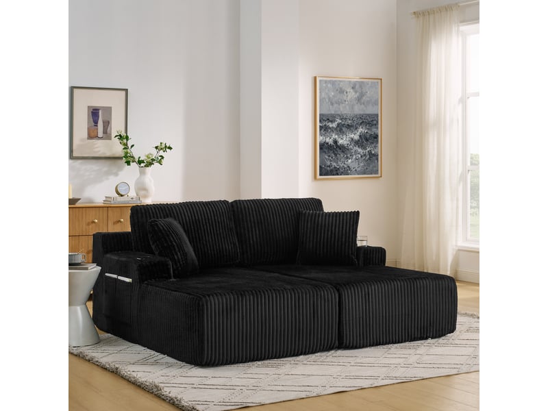 Canapé convertible, canapé-lit – en velours tricoté, noir, 2 places, poches latérales, porte-gobelets - Conforama C