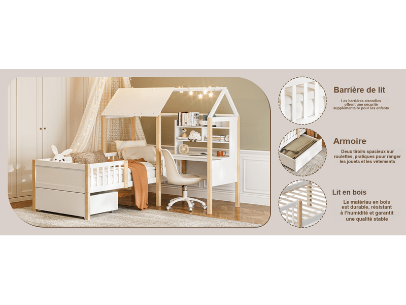  Lit cabane enfant 90x200 cm blanc en bois avec bureau, étagères, 2 tiroirs sur roulettes et sommier à lattes  - Conforama E
