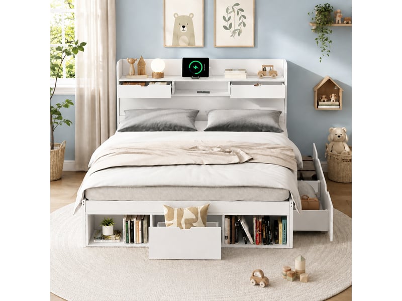  Lit double multifonction 160x200 cm blanc avec armoire de rangement, tiroirs, port usb et type-c, sommier à lattes  - Conforama B