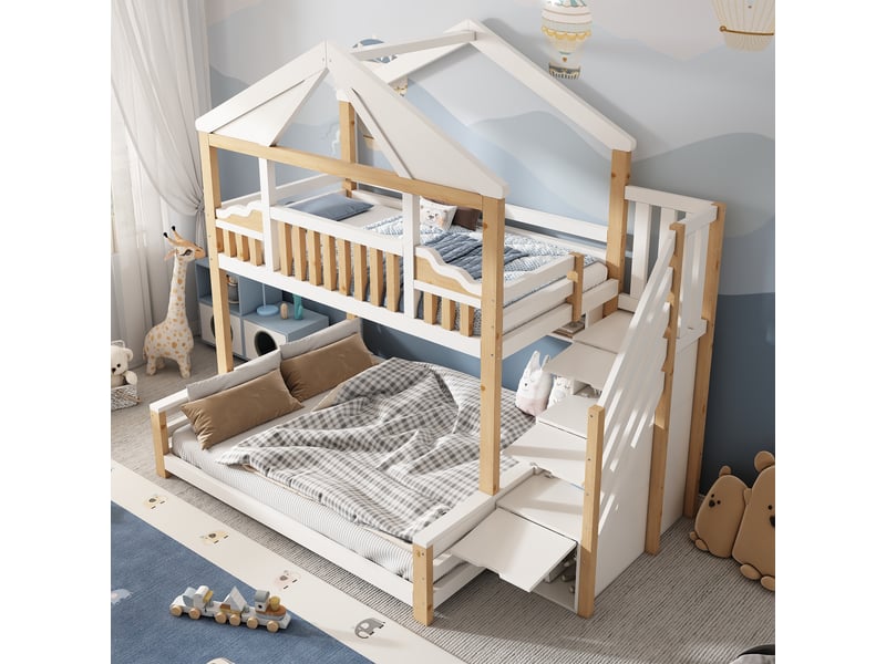 Lit superposé maison 90x200140x200 cm blanc et bois naturel Fay Lum - Conforama B