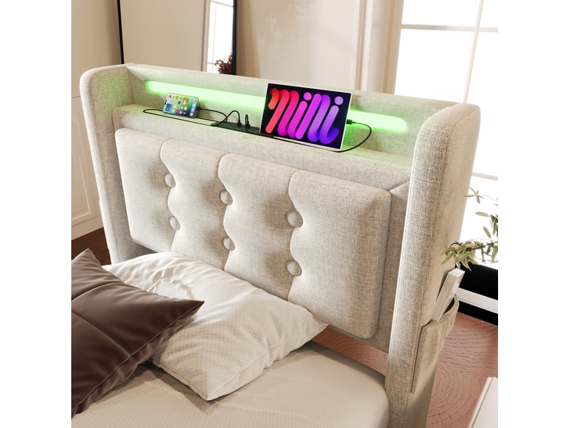  Lit rembourré 90 × 200 cm 1 place avec coffre, led réglable, usb et type-c, matelas inclus, beige  - Conforama E