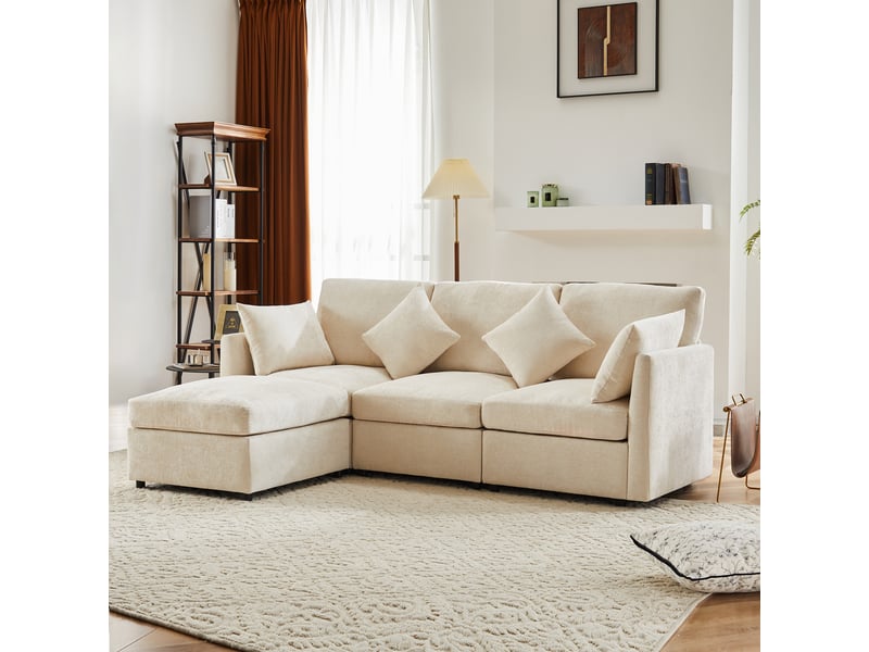 Canapé d'angle, canapé convertible, 3 places, en chenille, beige, avec pouf, pour salon, bureau, appartement - Conforama R