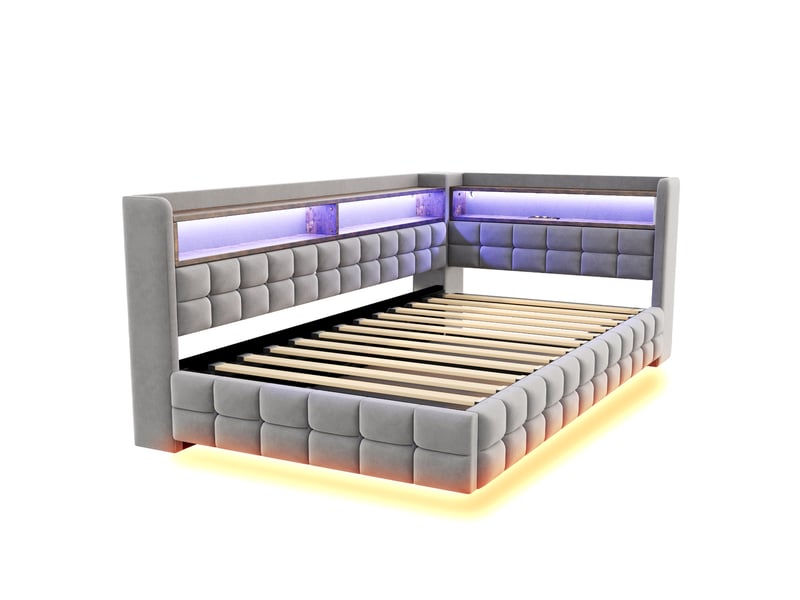  Lit capitonné 90x200 cm gris clair, led, prises usb type-c, coffre hydraulique et étagère  - Conforama A